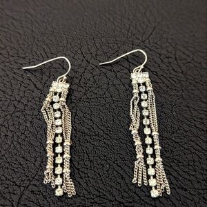 Long Silver Tone Rhinestone And Beaded Chain Earrings
